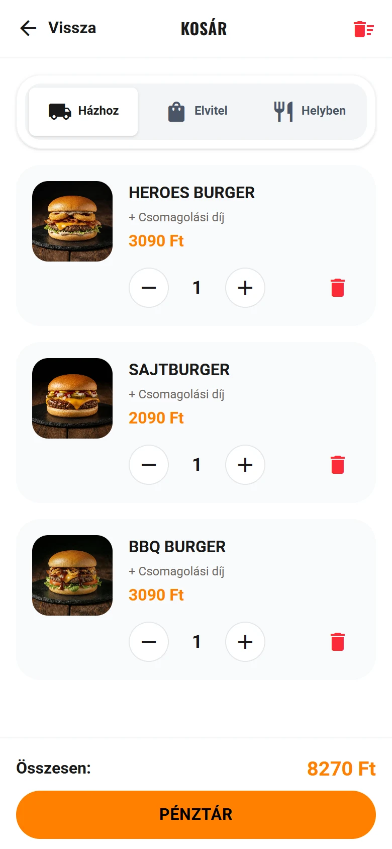Kosár a foodelivery appban