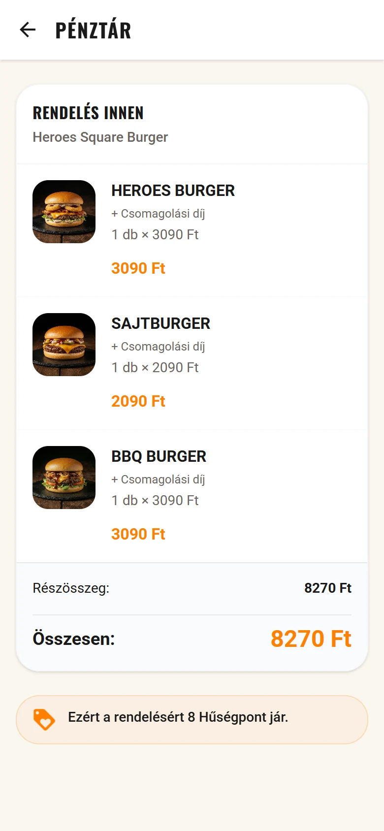 A foodelivery app pénztár képernyője mobilon