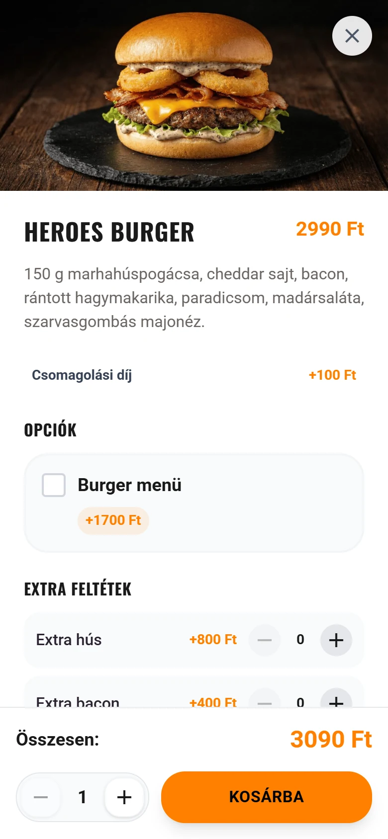 Termékoldal feltétválasztással a foodelivery appban