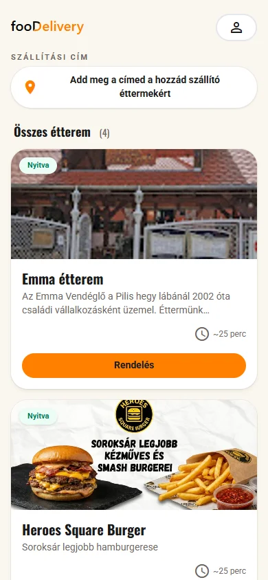 A foodelivery app kezdőképernyője az éttermek listájával