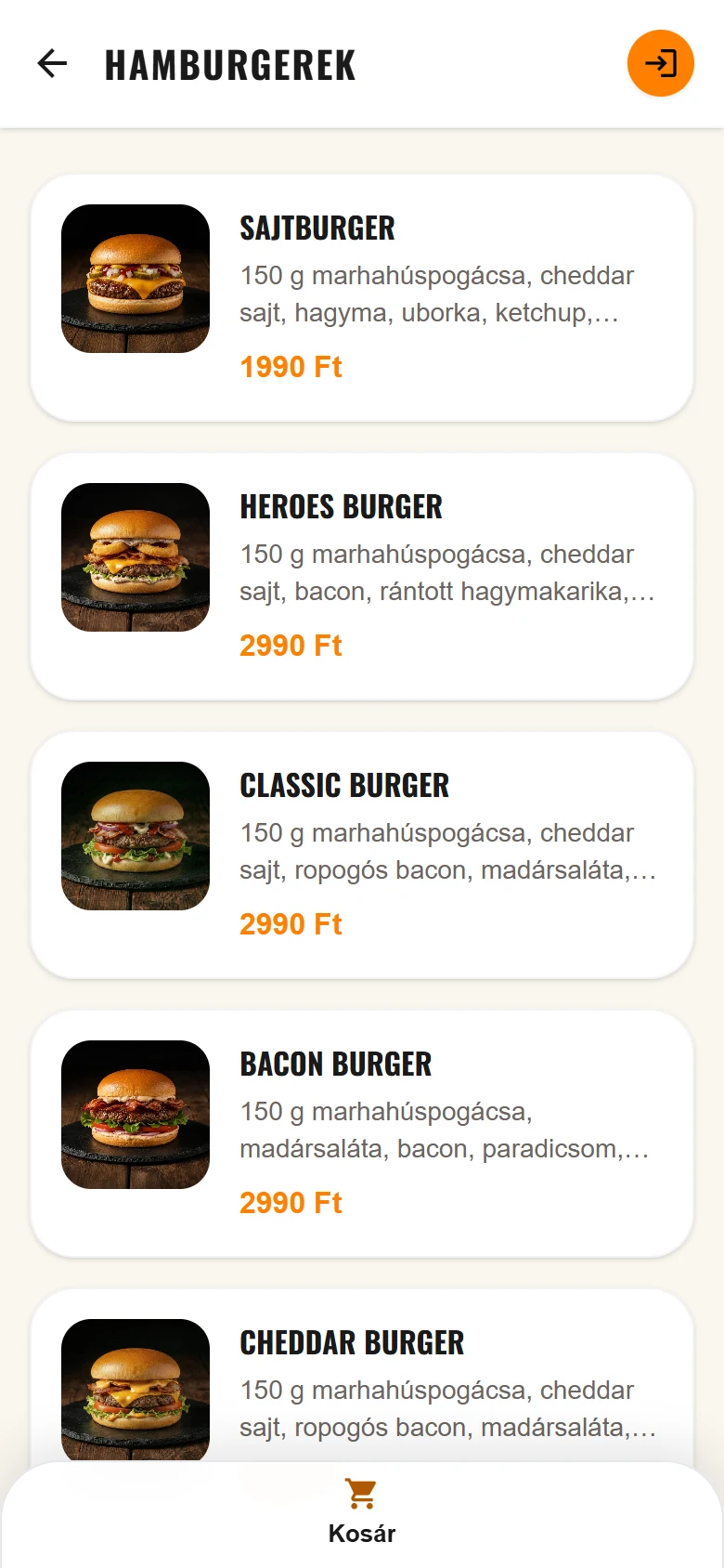 Éttermi étlap a foodelivery appban